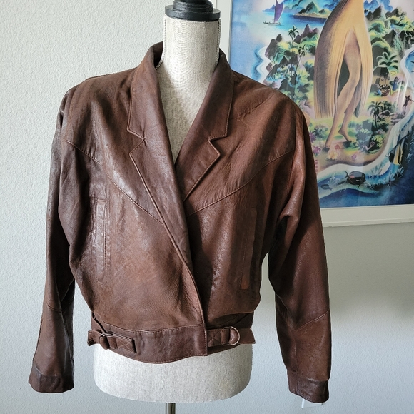 Vintage Jackets & Blazers - Uomo Vintage Soft Brown Leather Crop Moto Bomber Jacket Made In Italy